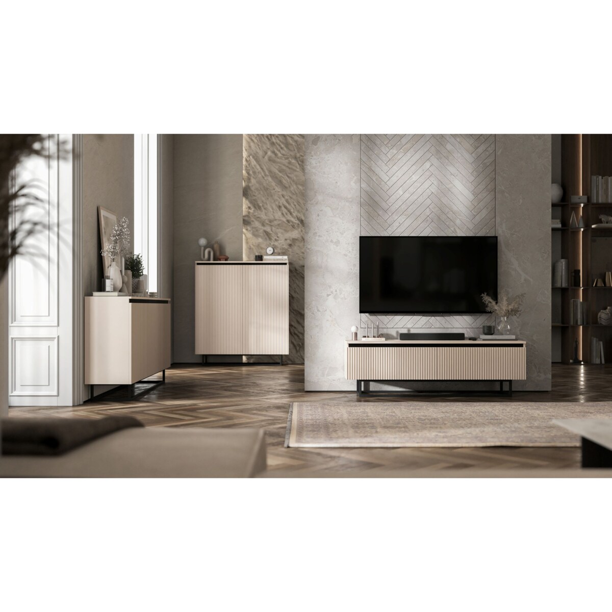 Nowoczesna Szafka RTV Glamour Komoda RTV Kaszmir Mat 280 cm czarny stelaż