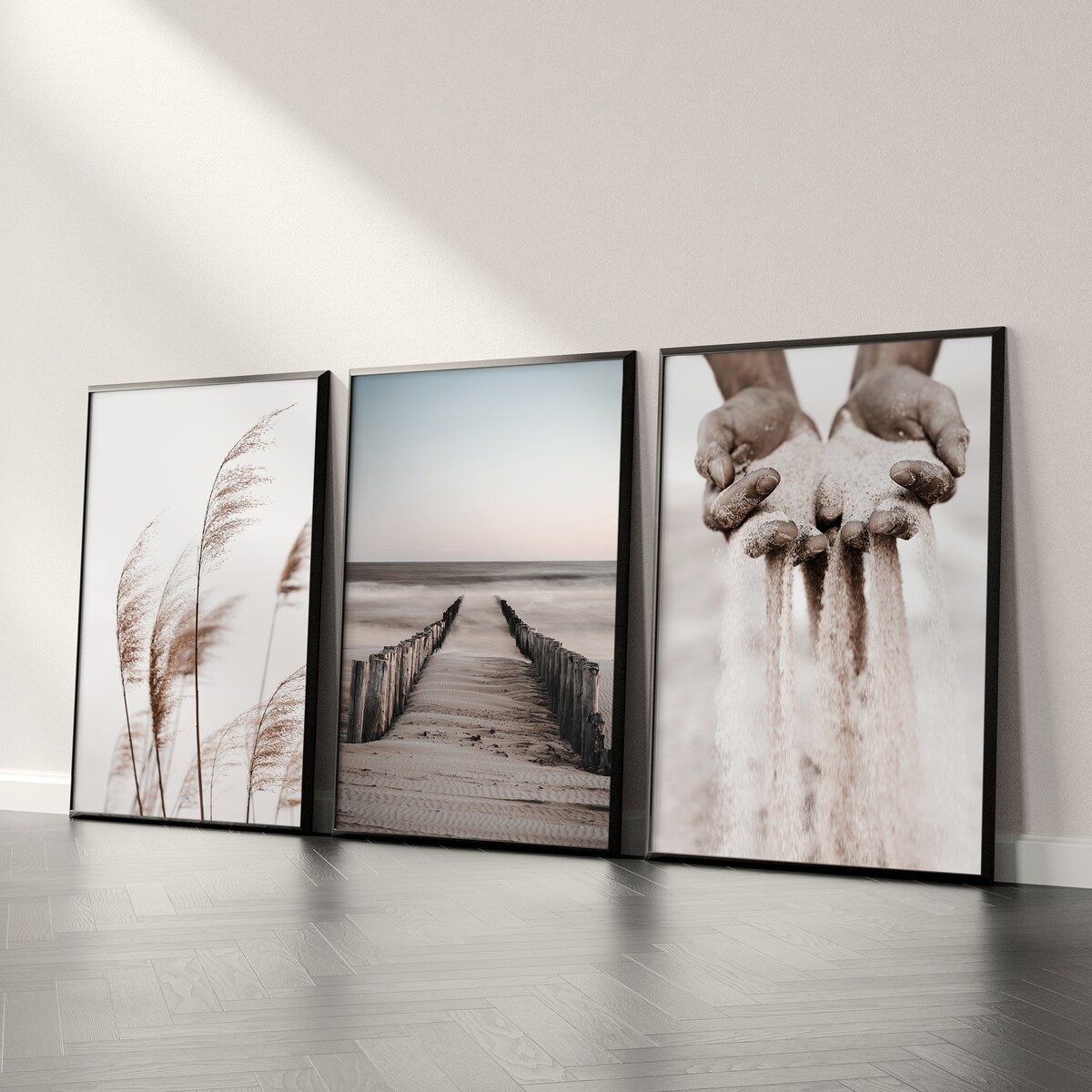 ZESTAW X3 PLAKAT W RAMIE PLAŻA MORZE WYDMY STYL BOHO MINIMALIZM 30x40cm