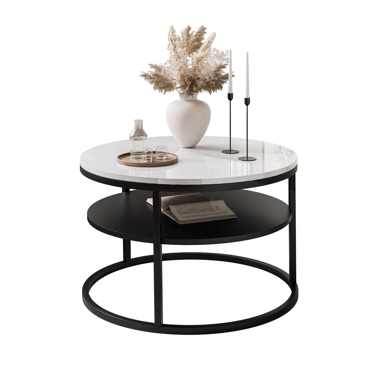 Stolik kawowy CIRI SLIM z półką czarny biały połysk