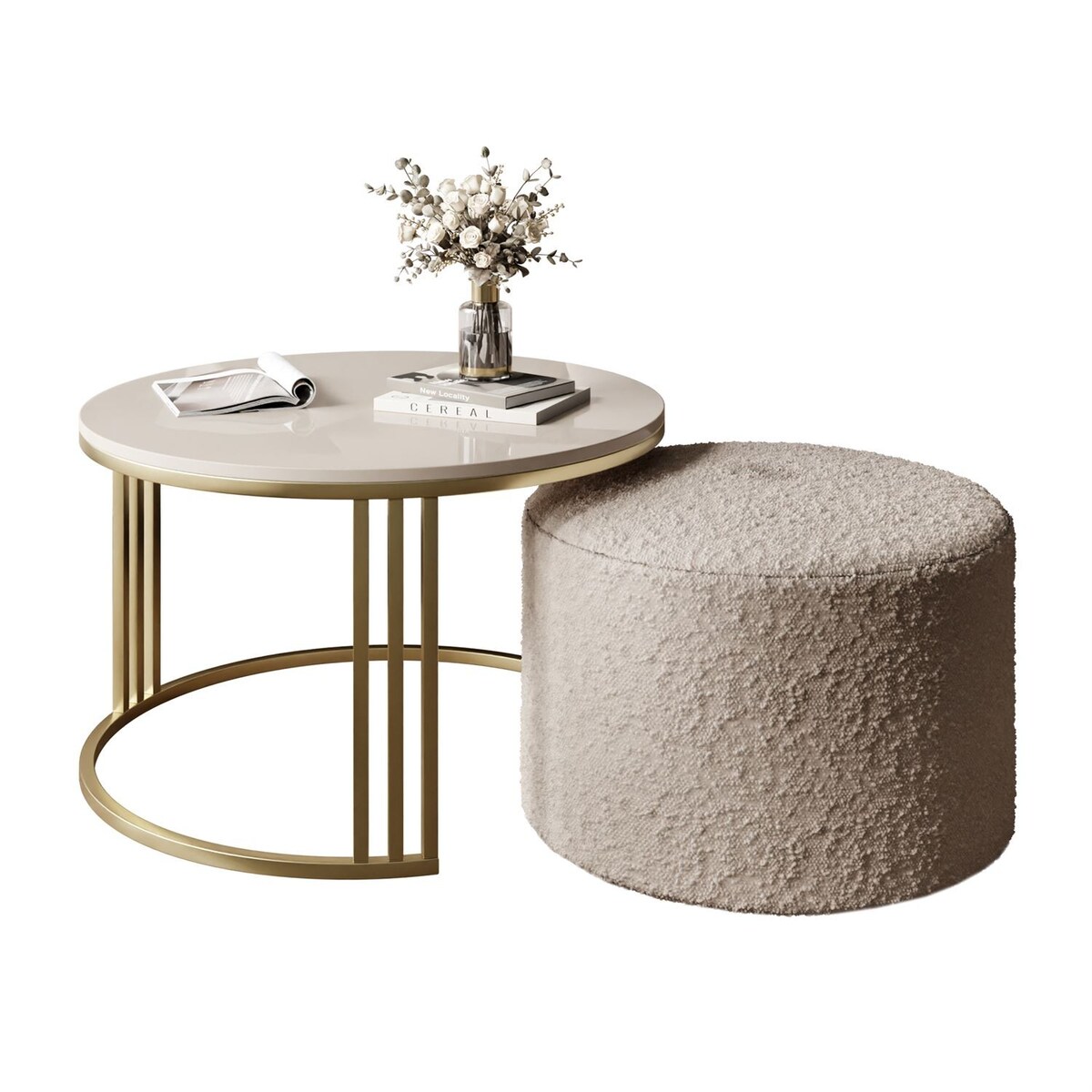 Stolik kawowy z pufą LORI POŁYSK złoto szczotkowane, przezroczysty / Coral 50