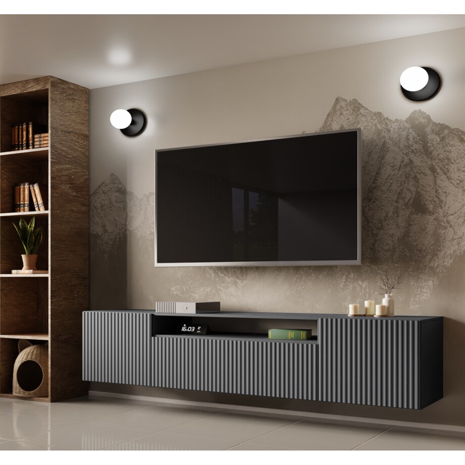 Szafka RTV NOELI, wisząca z ryflowanymi frontami pod telewizor- grafitowa
