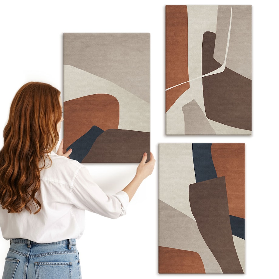 Zestaw 3 dużych obrazów na płótnie - Abstrakcyjne struktury nowoczesne boho - brązowy