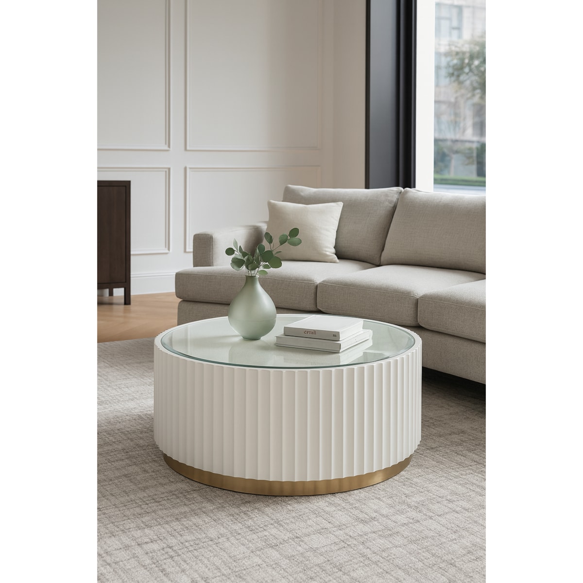 Stolik kawowy ryflowany biały okrągły złoty z szybą Livino Glamour Premium 90x90x50