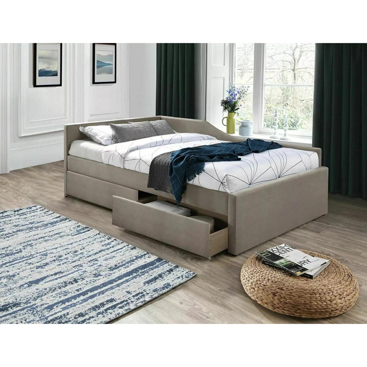 Łóżko tapicerowane ELIOT VELVET 120x200 ciemnobeżowe z szufladami