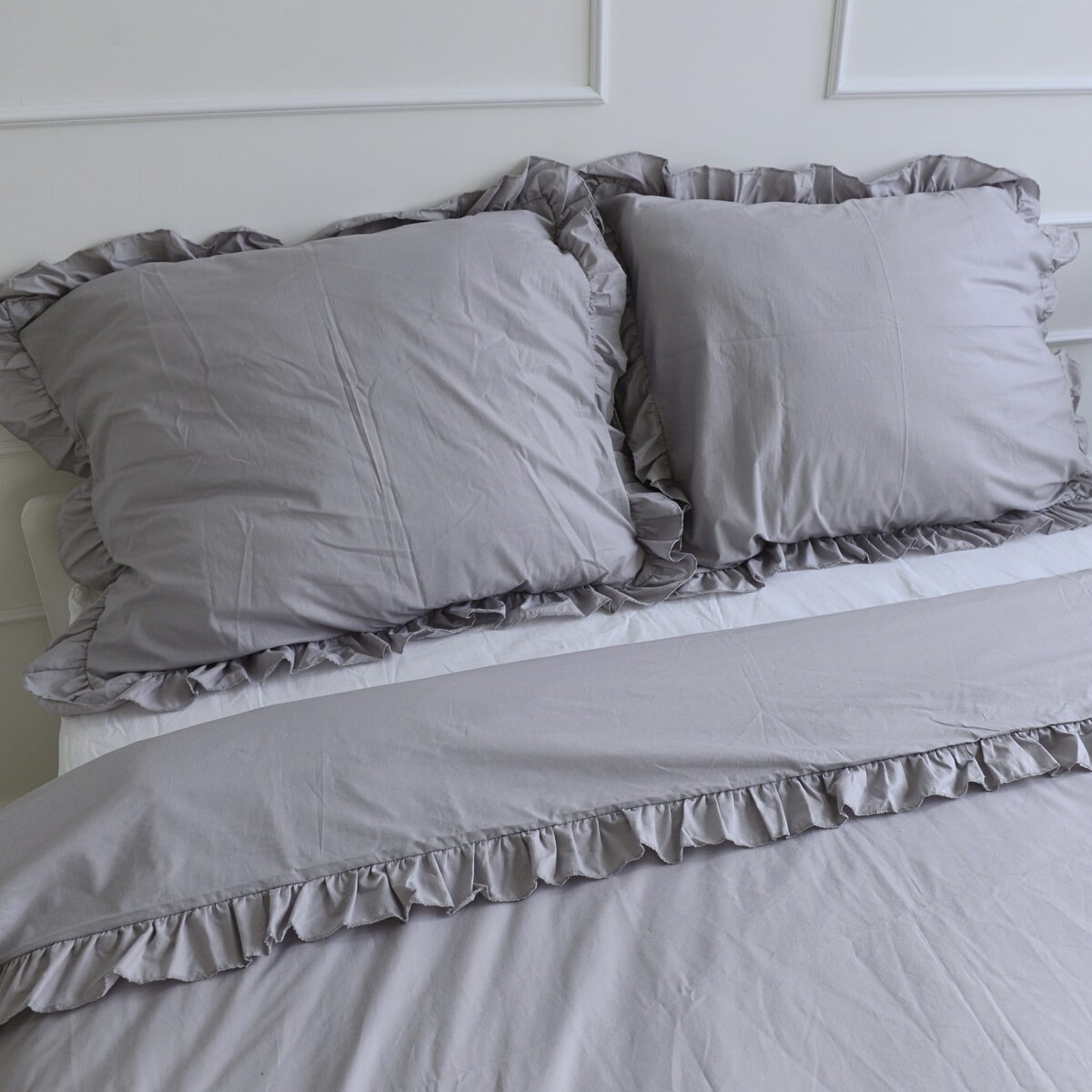 Poszewka Pościel Na Poduszkę Z Ozdobną Falbanką Jasnoszara 70X80 Cm