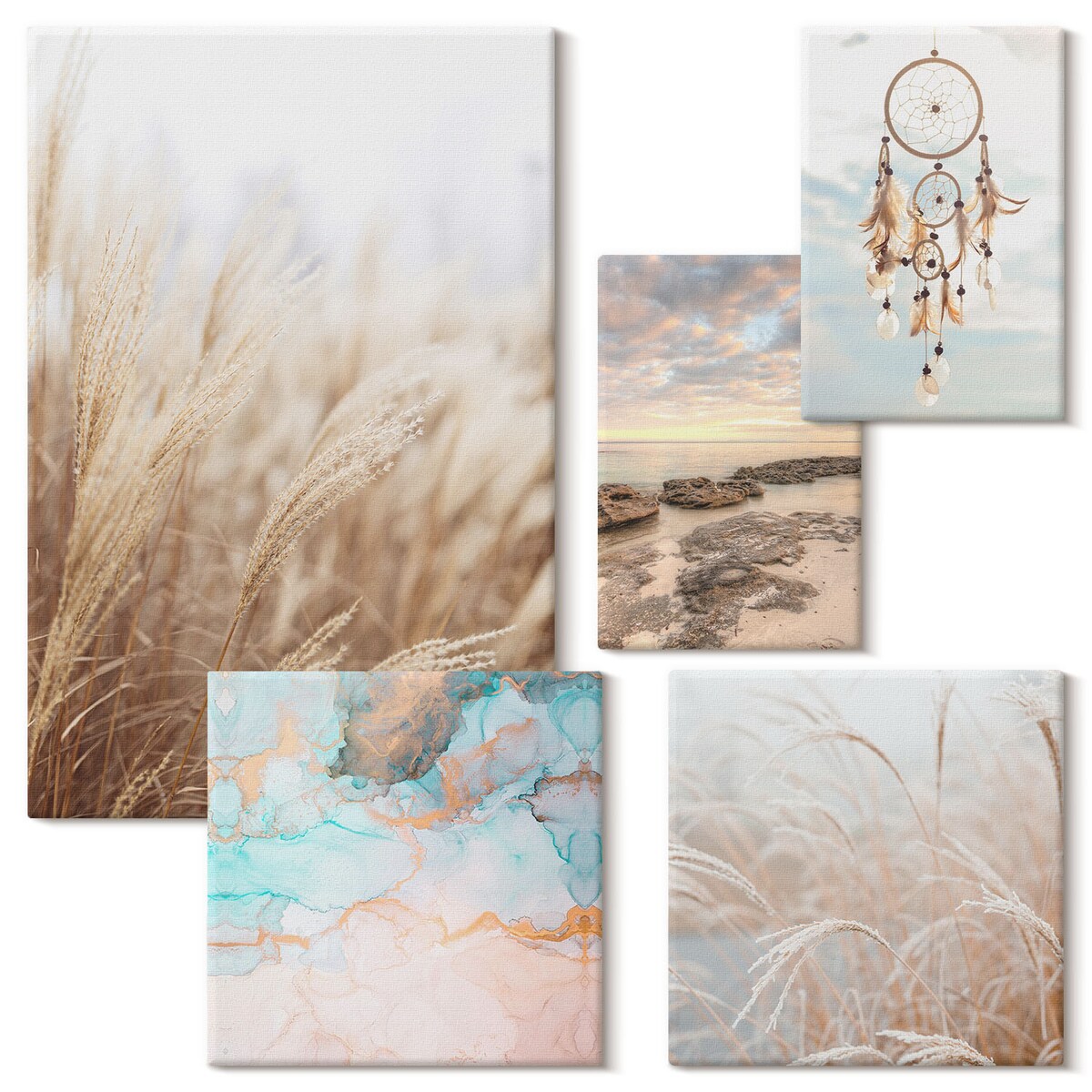 Zestaw 5 obrazów na płótnie - Naturalne pejzaże boho etno - beżowy