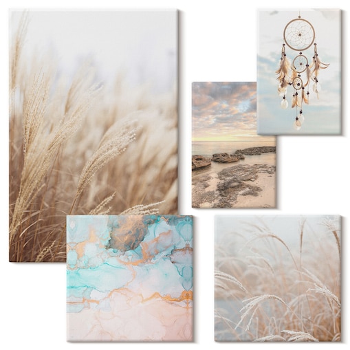 Zestaw 5 obrazów na płótnie - Naturalne pejzaże boho etno - beżowy
