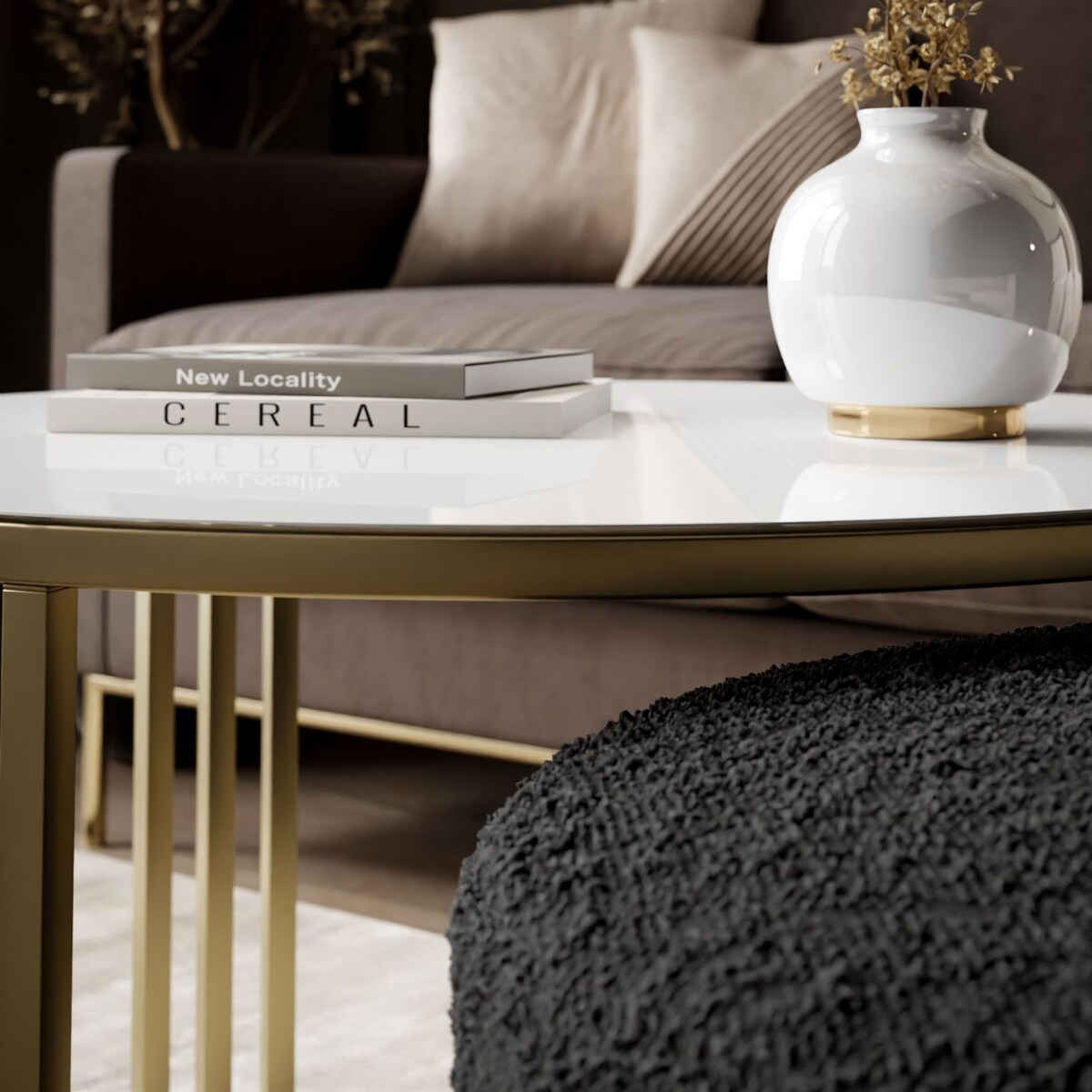 Stolik kawowy z pufą LORI GLASS złoto szczotkowane, białe szkło / Coral 60