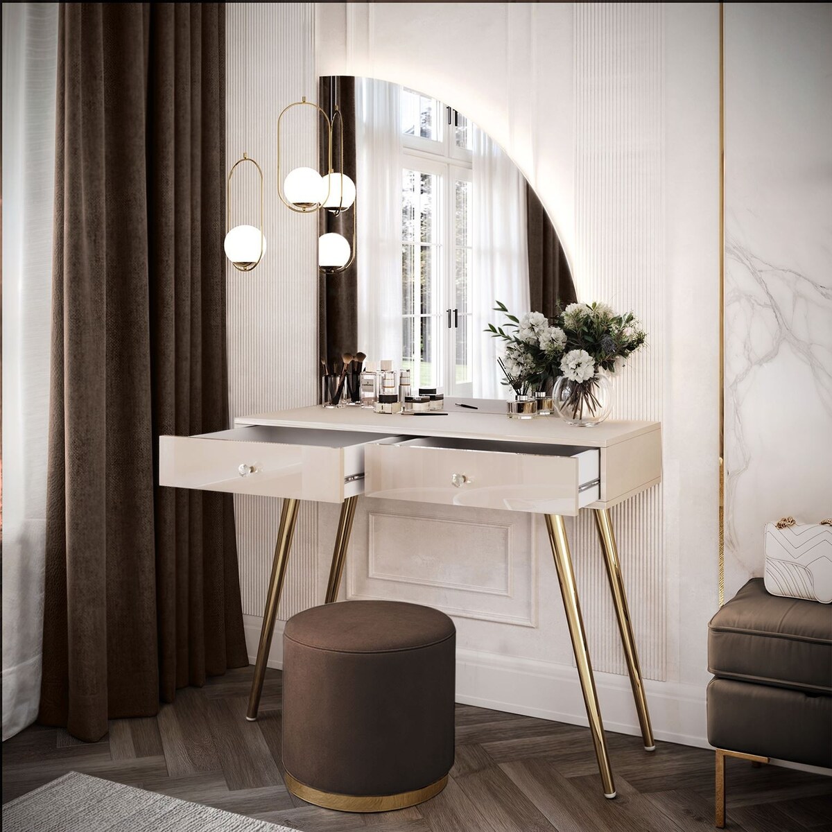 Toaletka kosmetyczna SIENNA-QS KASZMIR z lustrem LED, prawa, uchwyt biały kryształ