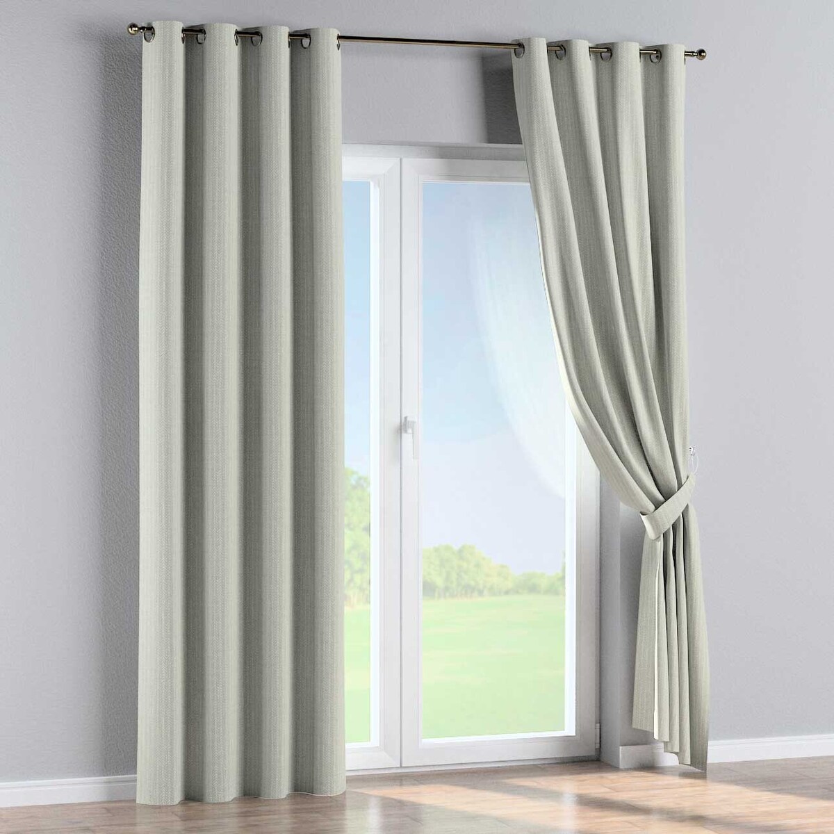 Zasłona na kółkach 1 szt. 130x260 srebrna jodełka na szarym tle