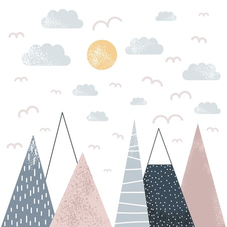 NAKLEJKI NA ŚCIANĘ DLA DZIECI RÓŻOWE GÓRY PTAKI SŁOŃCE CHMURY ZESTAW