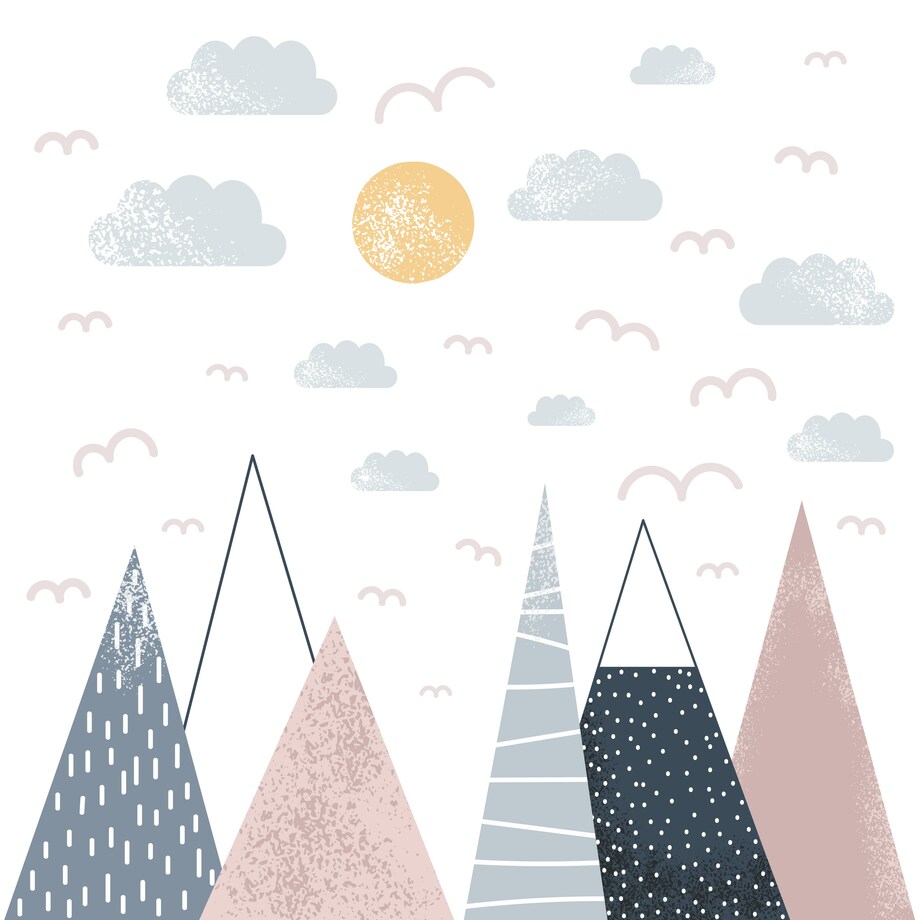 NAKLEJKI NA ŚCIANĘ DLA DZIECI RÓŻOWE GÓRY PTAKI SŁOŃCE CHMURY ZESTAW