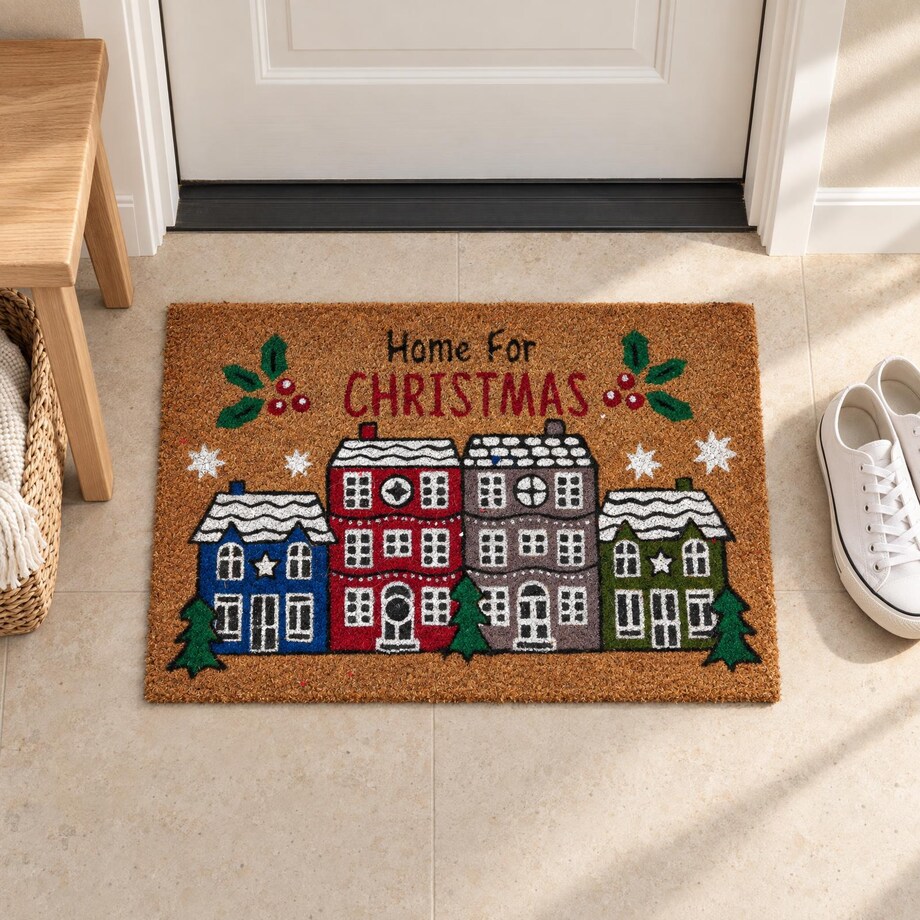 Wycieraczka kokosowa z motywem domku, 59 x 39 cm, kolor brązowy, włókno kokosowe