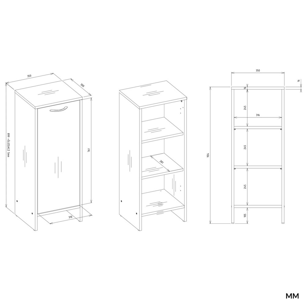 Szafka Łazienkowa NINA 1D BIAŁA 1 Drzwi Regał Słupek 3 Półki Do Łazienki