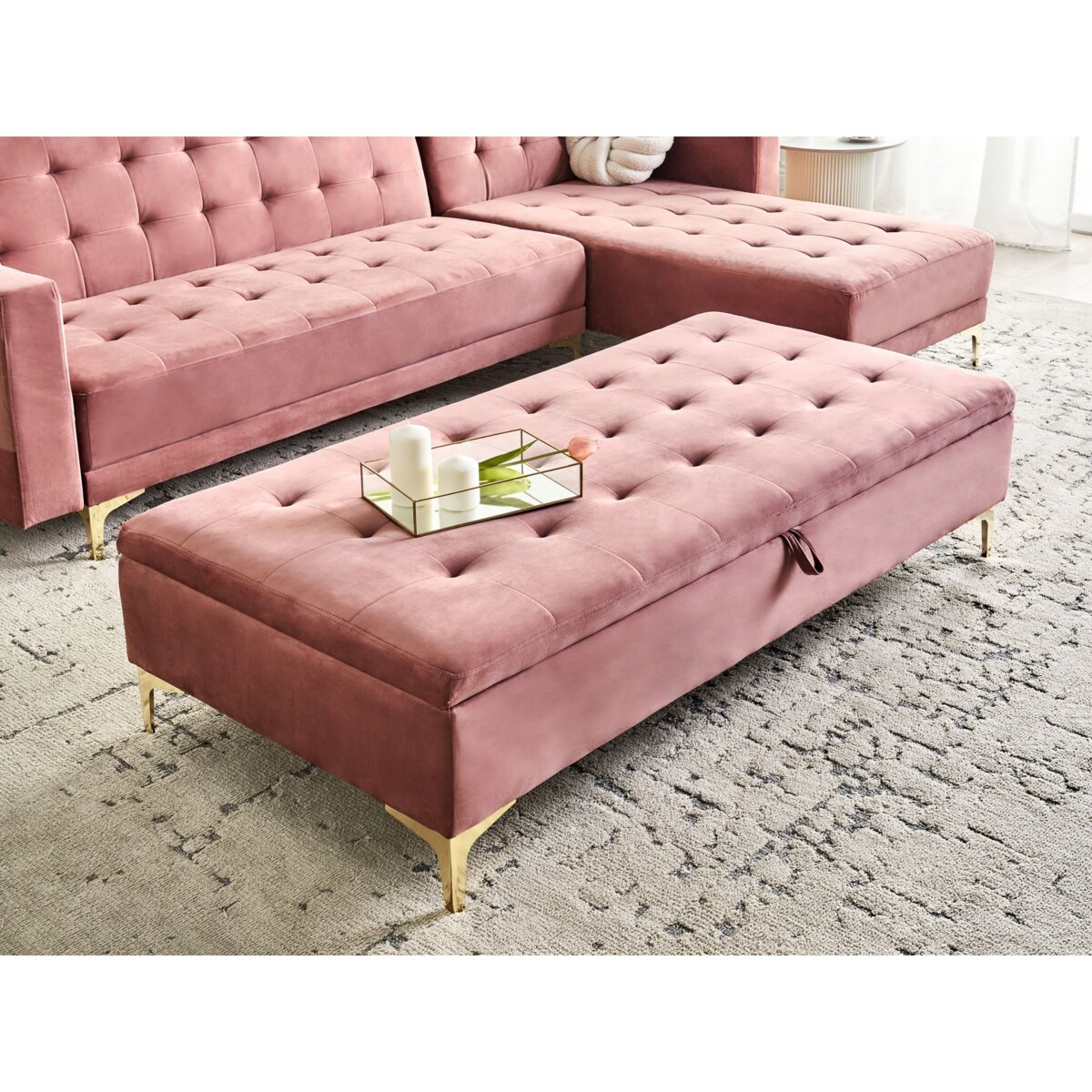 Otomana ze schowkiem welurowa różowa ABERDEEN