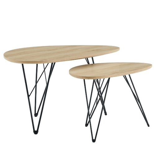 Zestaw stolików kawowych 2w1 Leon, jasne drewno, czarne metalowe nogi
