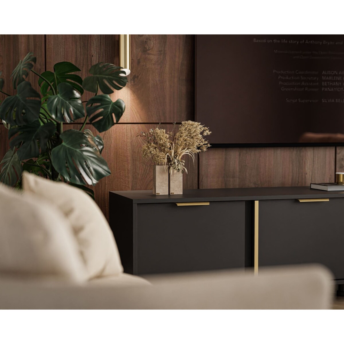 Szafka RTV LARETTO 203 cm antracyt, czarna, nóżki czarne