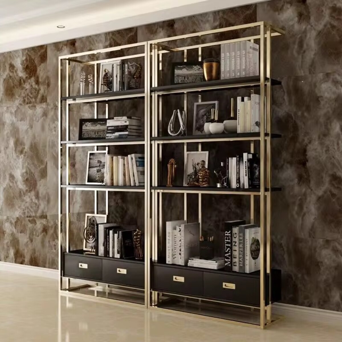 Nowoczesny regał czarny złoty ze stali nierdzewnej do gabinetu / do salonu /do sklepu / witryna Anew Black Premium 180x35x120