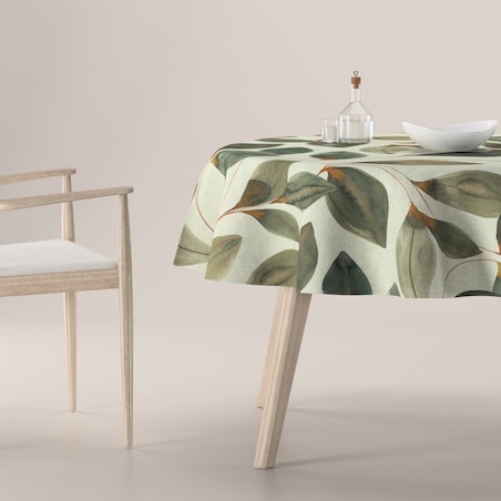 Obrus okrągły 130 x 130 cm brązowo-pomarańczowe liście na szarym lnianym tle