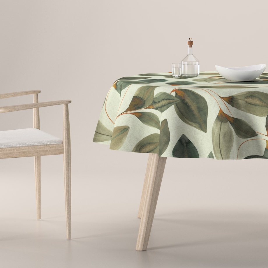 Obrus okrągły 130 x 130 cm brązowo-pomarańczowe liście na szarym lnianym tle