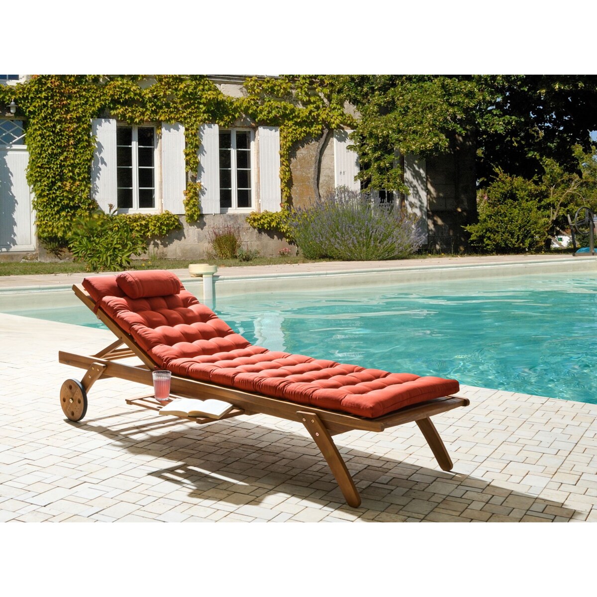 Leżak ogrodowy z poduszką CESANA PREMIUM Drewno akacjowe Czerwony