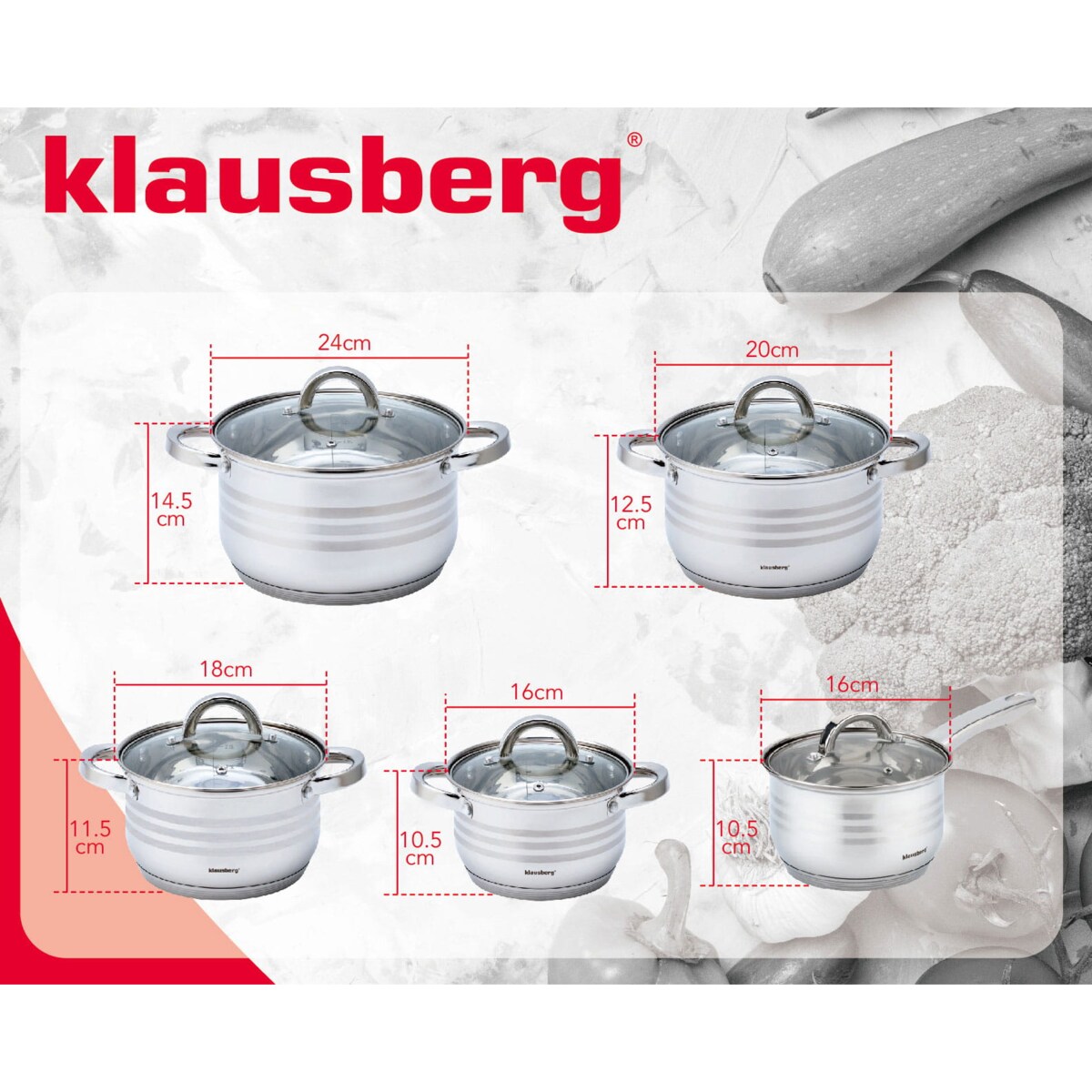 Zestaw garnków stalowych 10 ele. 2.1/2.1/2.9/3.9/6.6L KLAUSBERG