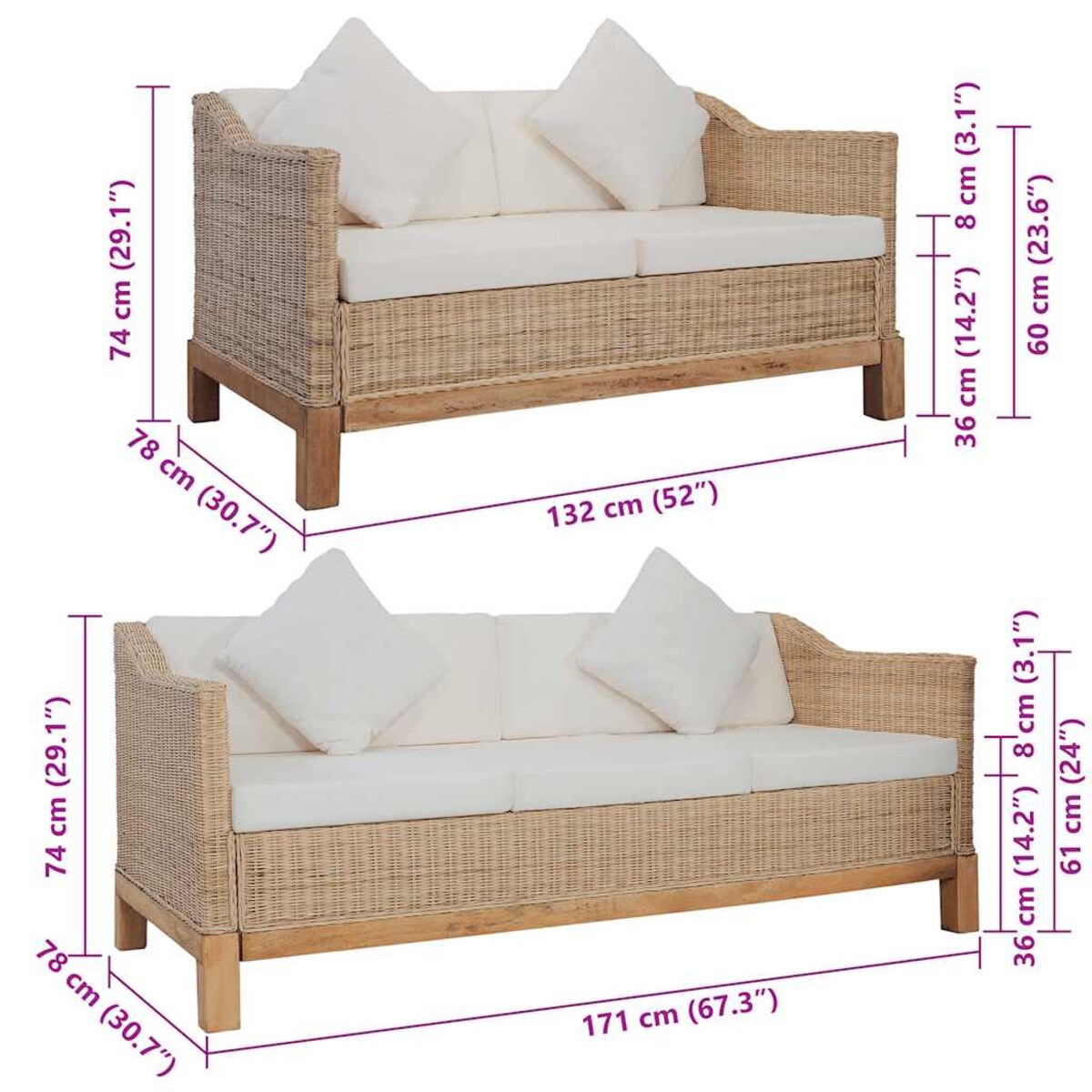 vidaXL 2-częściowy zestaw wypoczynkowy z poduszkami, naturalny rattan