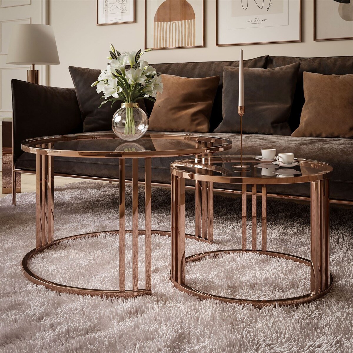 Zestaw stolików kawowych LORI 2w1, miedziana podstawa, przezroczyste szkło