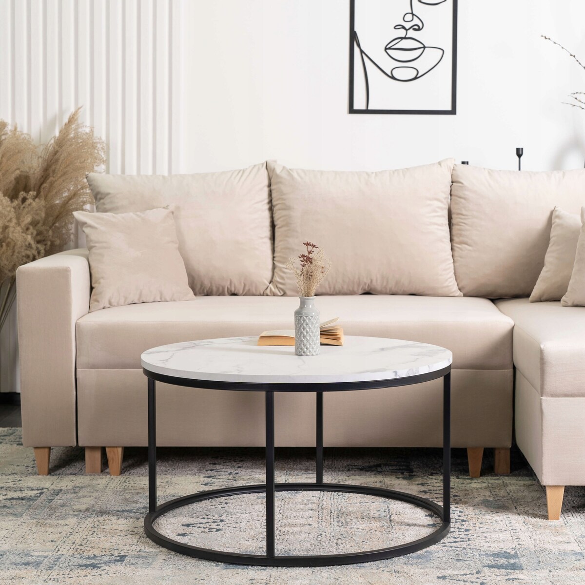 Stolik Kawowy Okrągły Glamour Biały Marmur Czarny CONNY MAX