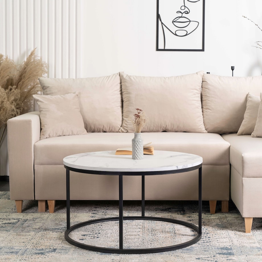 Stolik Kawowy Okrągły Glamour Biały Marmur Czarny CONNY MAX