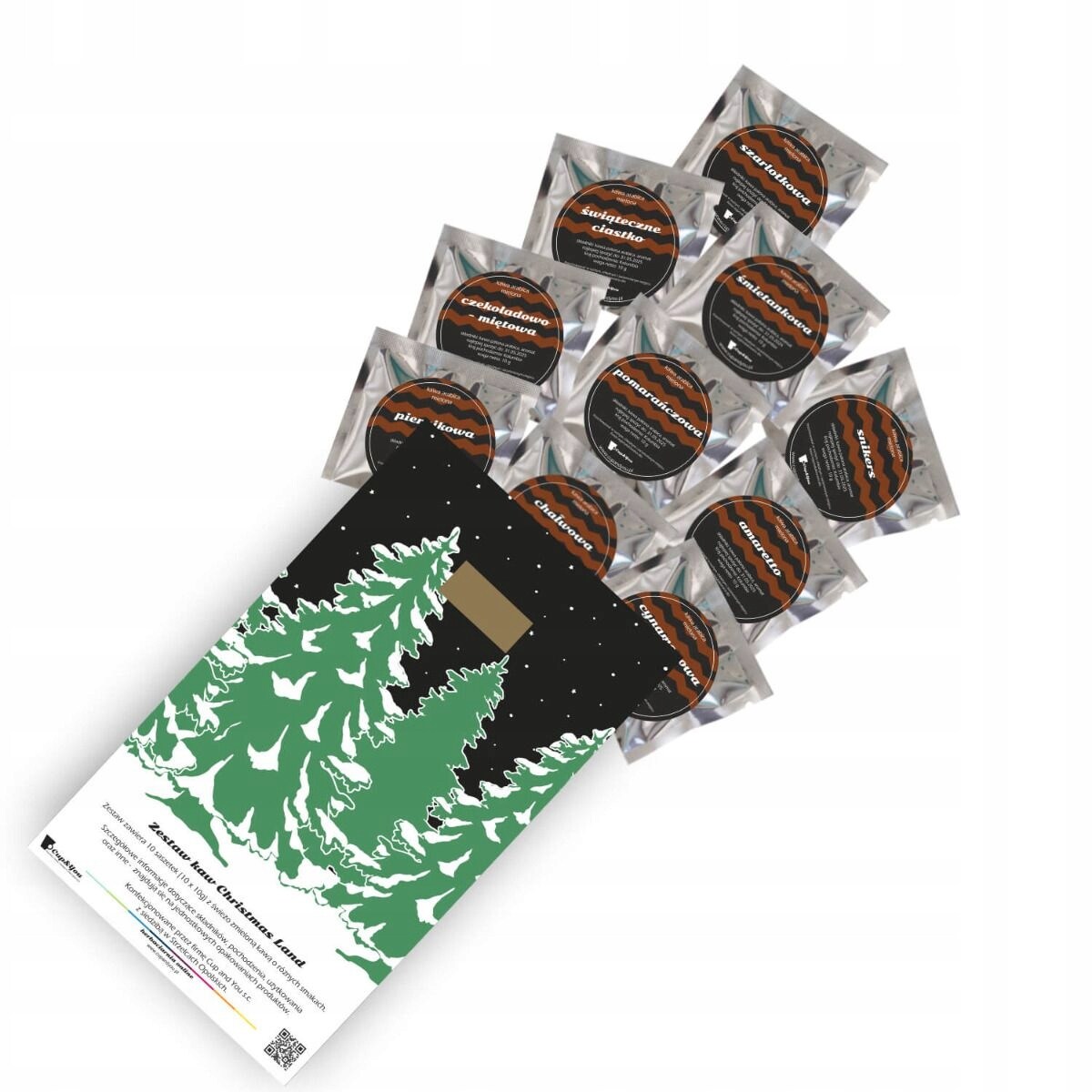 ŚWIATECZNY ZESTAW PREZENTOWY MIX 10 SMAKÓW KAW AROMATYZOWANYCH MIELONYCH W SASZETKACH PREZENT UPOMINEK POD CHOINKĘ NA ŚWIĘTA GWIAZDKĘ MIKOŁAJA BOŻE NARODZENIE DLA KOBIETY FACETA MĘŻCZYZNY