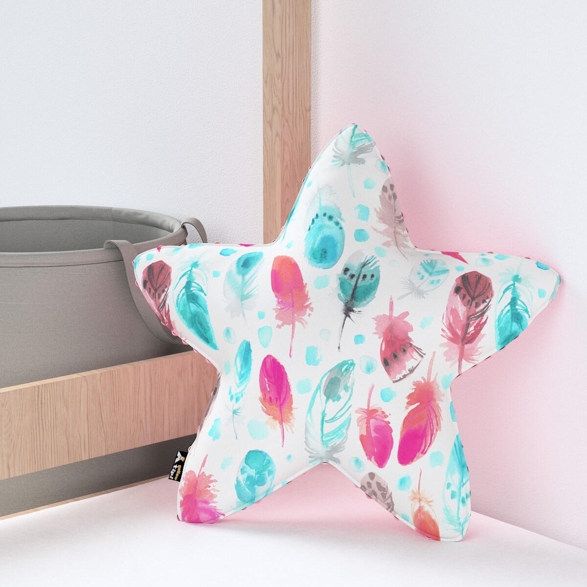 Poduszka Lucky Star z minky, różowe i turkusowe piórka, 52x15x52cm, Magic Collection