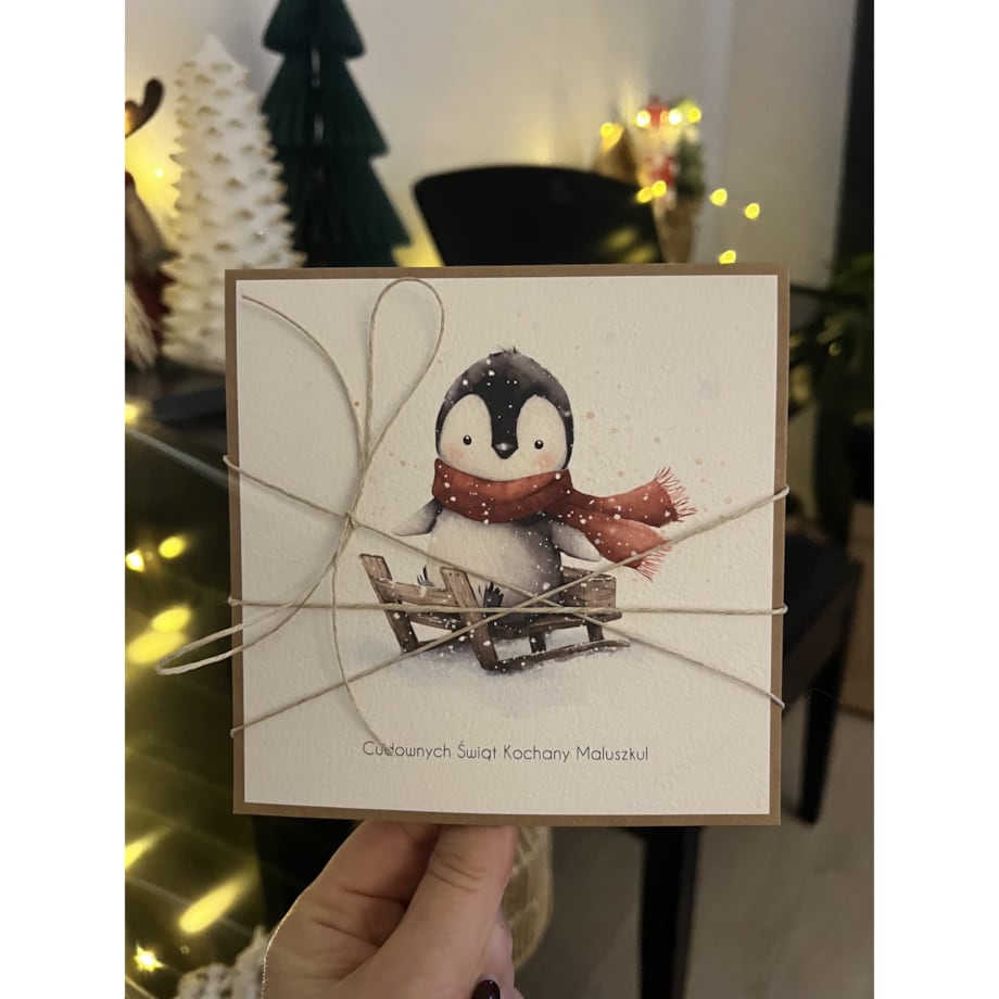 Kartka świąteczna ręcznie robiona na Boże Narodzenie z pingwinkiem 3