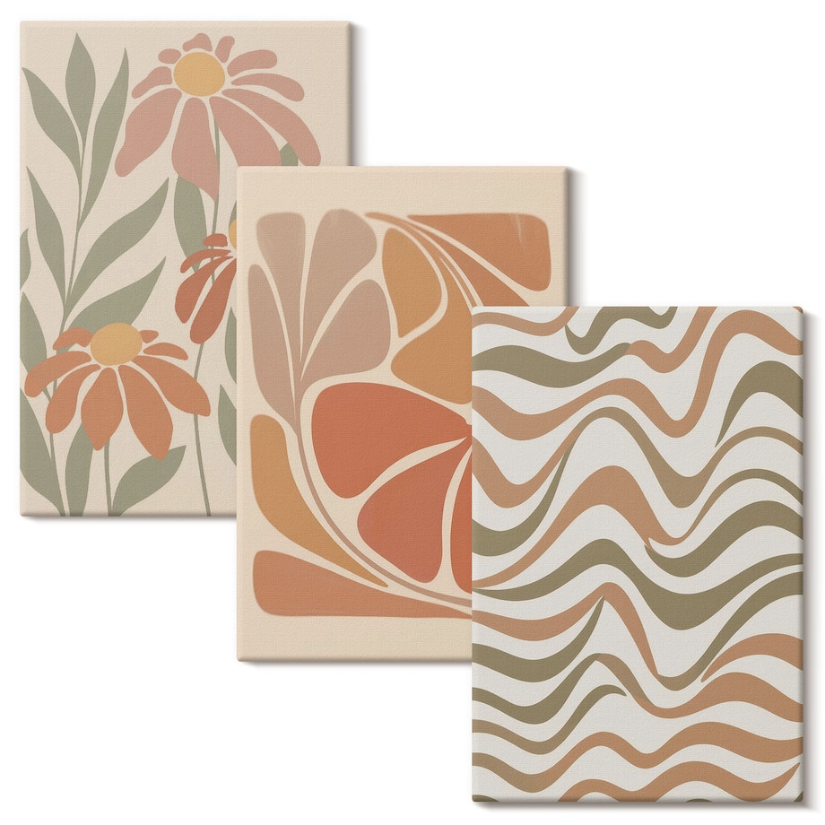 Zestaw 3 małych obrazów na płótnie - Kwiaty pastelowe abstrakcje boho - pomarańczowy