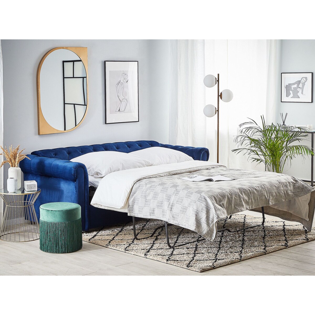 Sofa rozkładana welurowa niebieska CHESTERFIELD