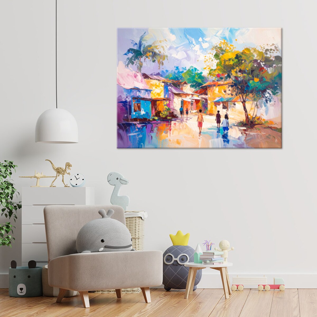 Obraz do pokoju dziecka salonu biura kuchni, Abstrakcja Kolorowa wioska domy ludzie 90x60 cm