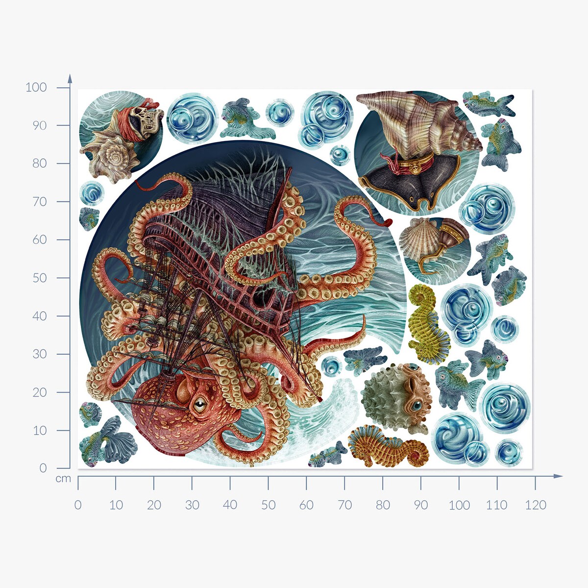 Zestaw naklejek na ścianę, Podwodny świat osmiornicy, 100cm