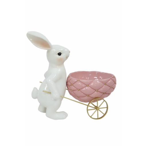 Dekoracja - królik ceramiczny 23x24,5x11 cm BIELAK z różową taczką