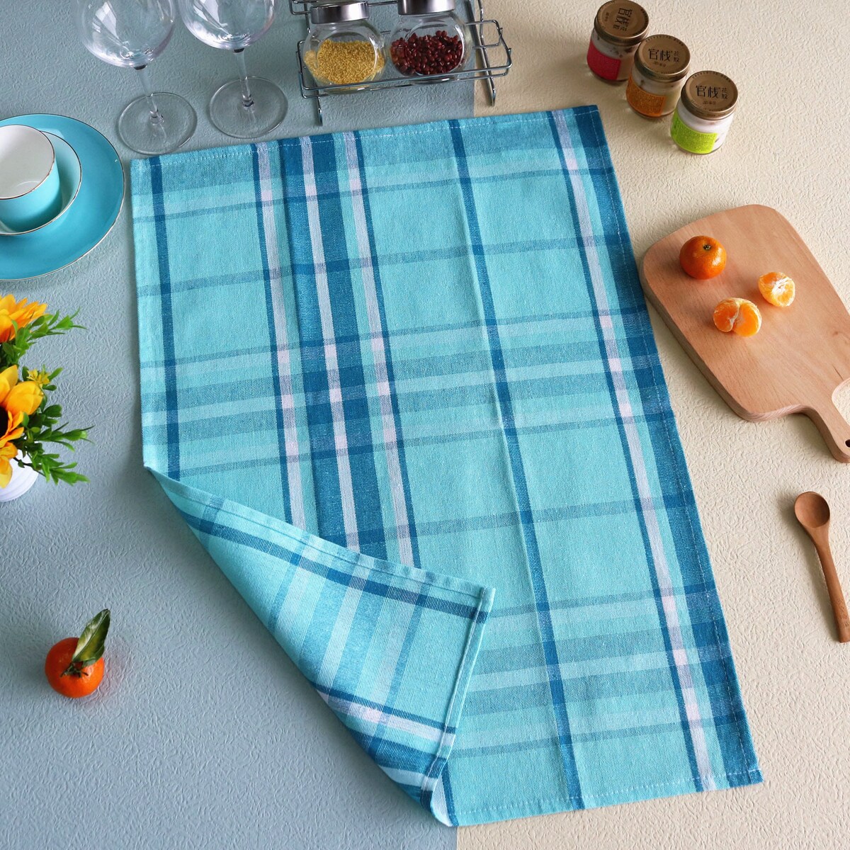 Bawełniana Ścierka Kuchenna Ręcznik 45 x 65 Turkusowa Kratka Bawełniana