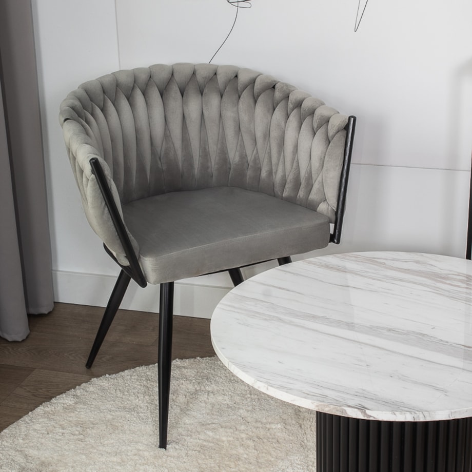 Krzesło tapicerowane do salonu glamour welurowe plecione szare