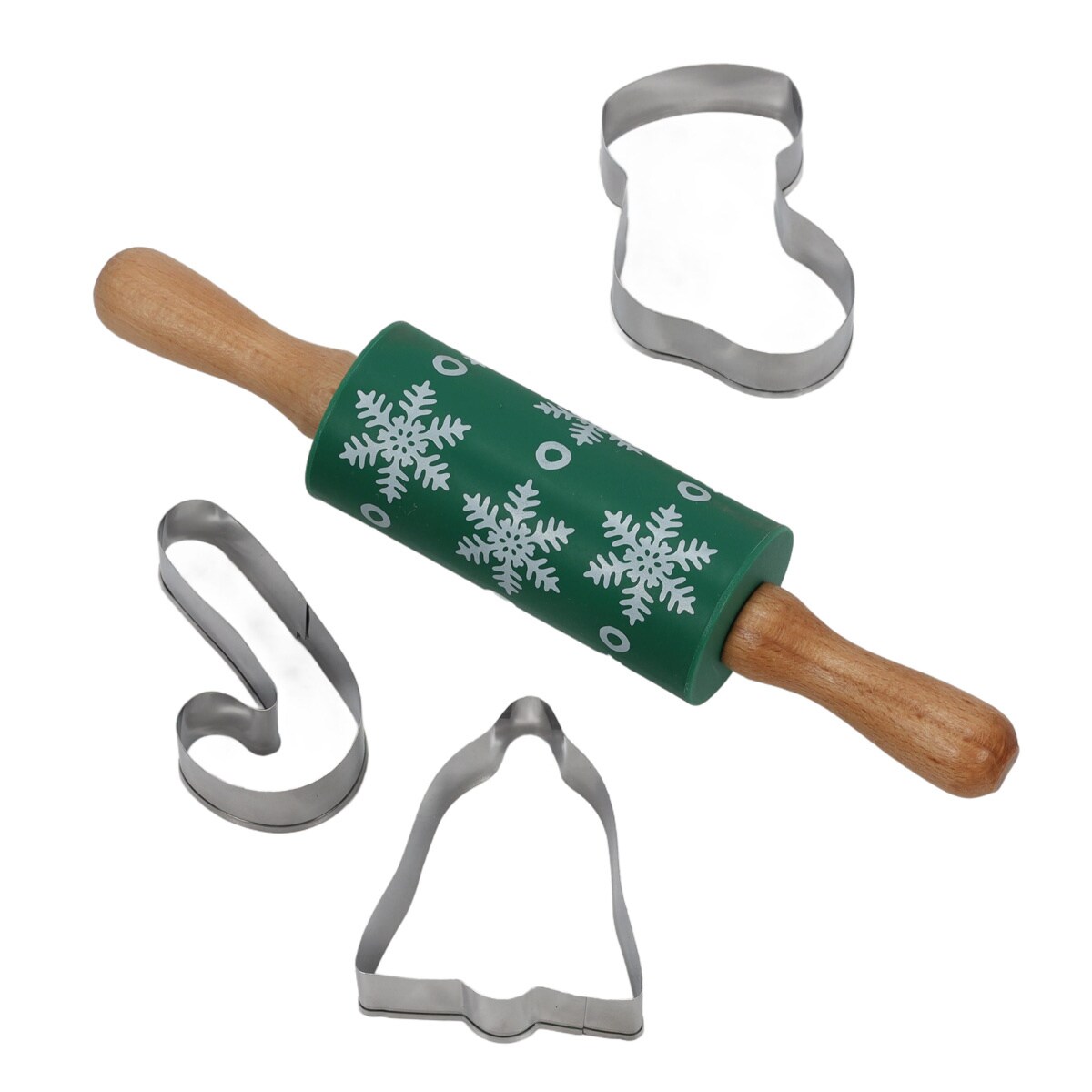 Zestaw do pieczenia dla dzieci TIVOLA, miniwałek z wzorem śnieżyek + 3 foremki