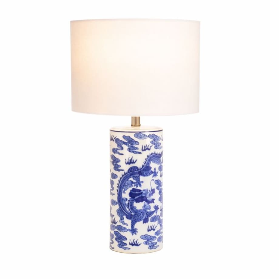 Lampa ceramiczna niebieska na komodę do salonu z białym abażurem MING