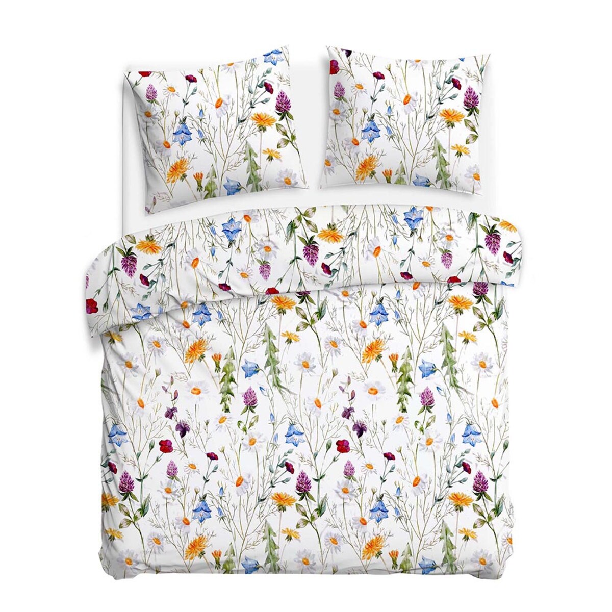 Pościel satyna bawełniana 180x200 Floria biała w kolorowe polne kwiaty, Satynlove