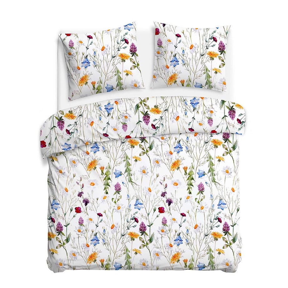 Pościel satyna bawełniana 180x200 Floria biała w kolorowe polne kwiaty, Satynlove