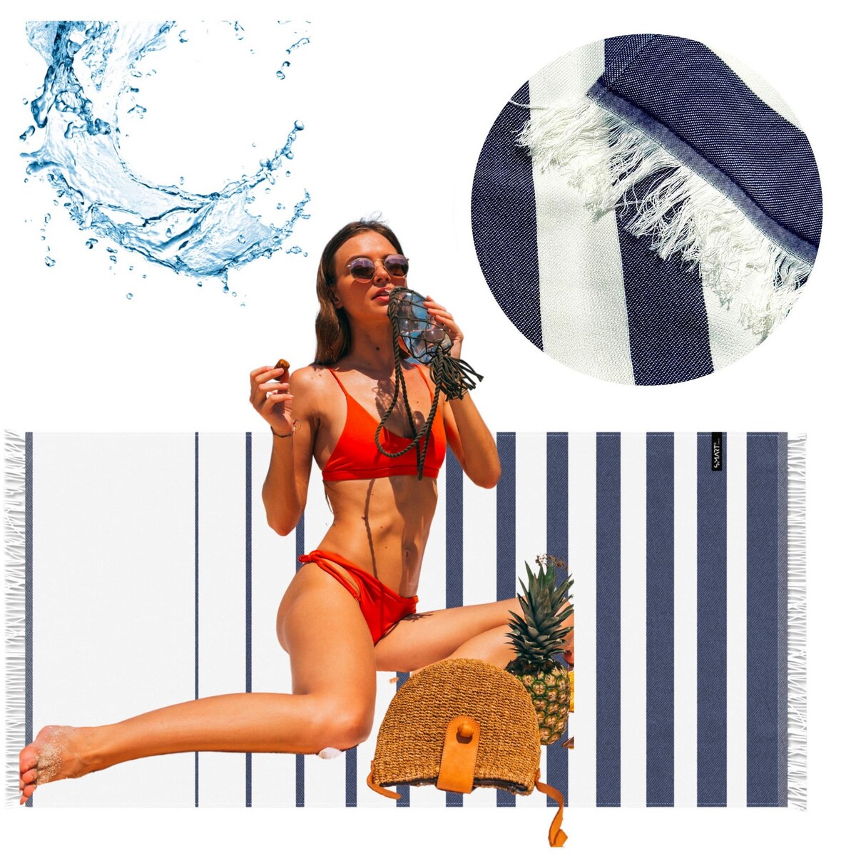 Ręcznik plażowy bambusowy 70x150 cm wzór w pasy paski biało niebieskie morski szybkoschnący z frędzlami cienki