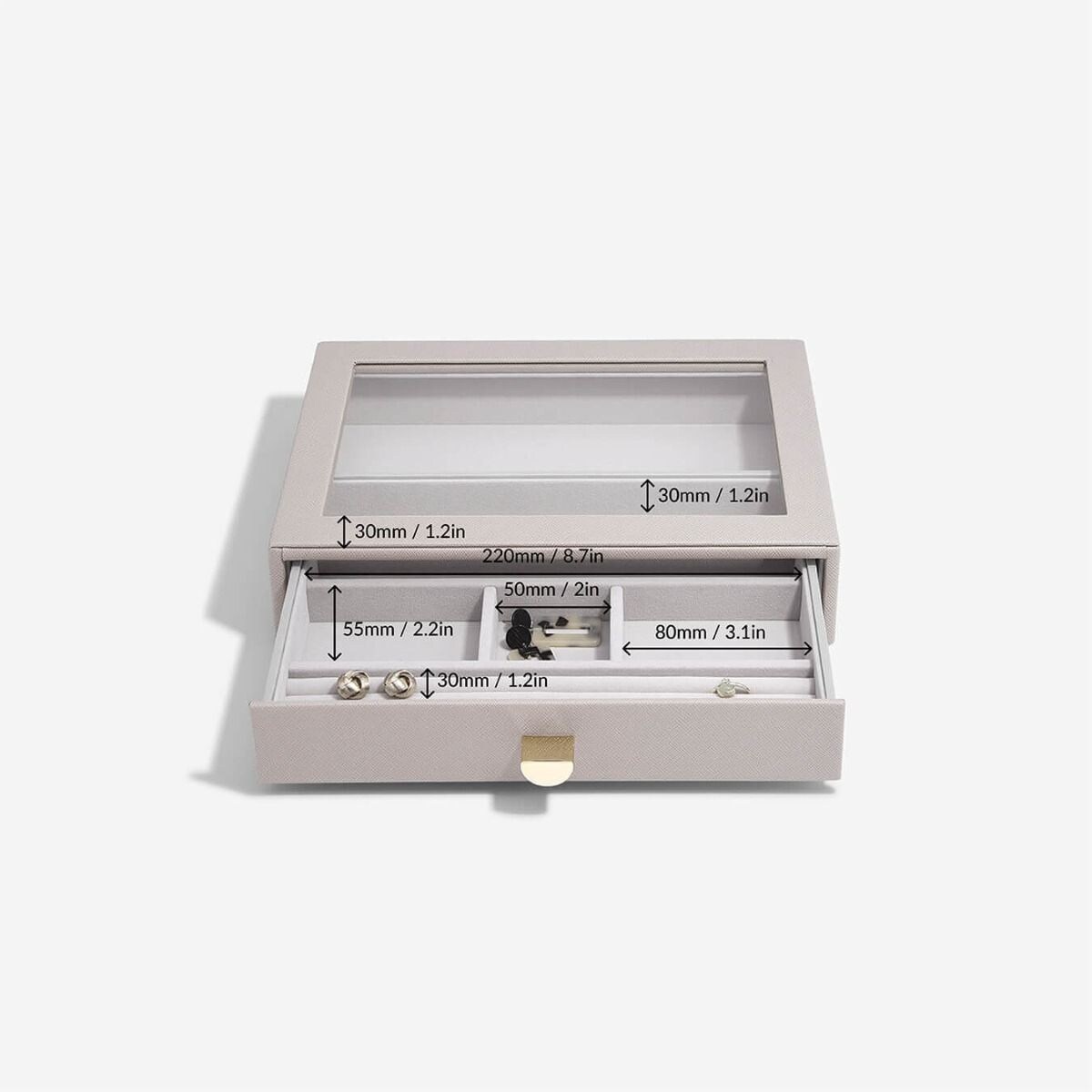 Szkatułka na biżuterię Stackers 6 komorowa classic taupe z szufladą i szklaną pokrywką