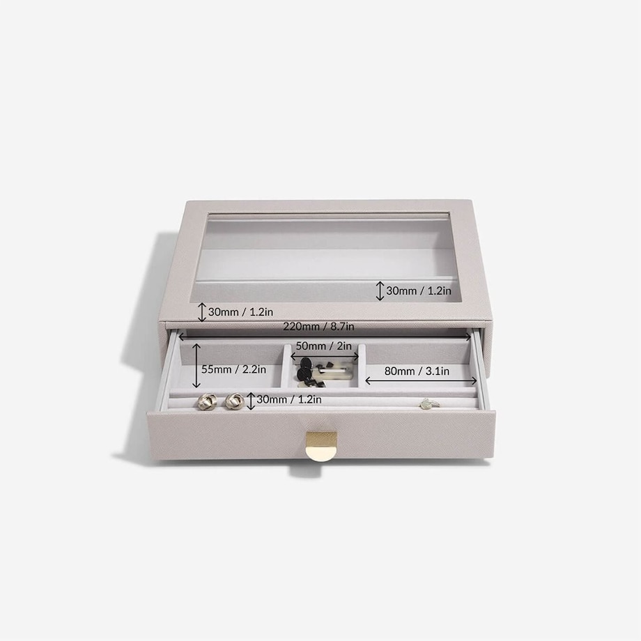 Szkatułka na biżuterię Stackers 6 komorowa classic taupe z szufladą i szklaną pokrywką