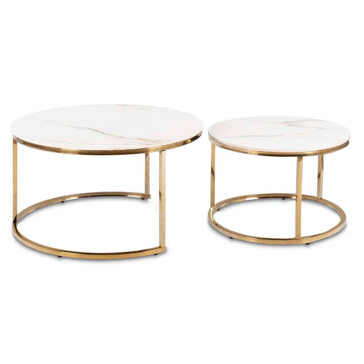 Stolik Kawowy Okrągły Zestaw 2w1 Ława Glamour Marmur Biały Złoty MILANO