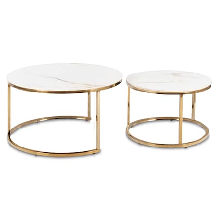 Stolik Kawowy Okrągły Zestaw 2w1 Ława Glamour Marmur Biały Złoty MILANO