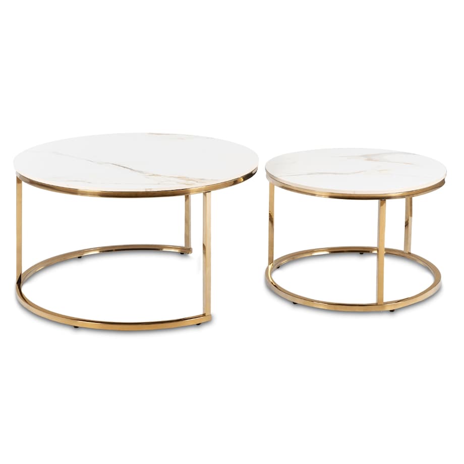 Stolik Kawowy Okrągły Zestaw 2w1 Ława Glamour Marmur Biały Złoty MILANO